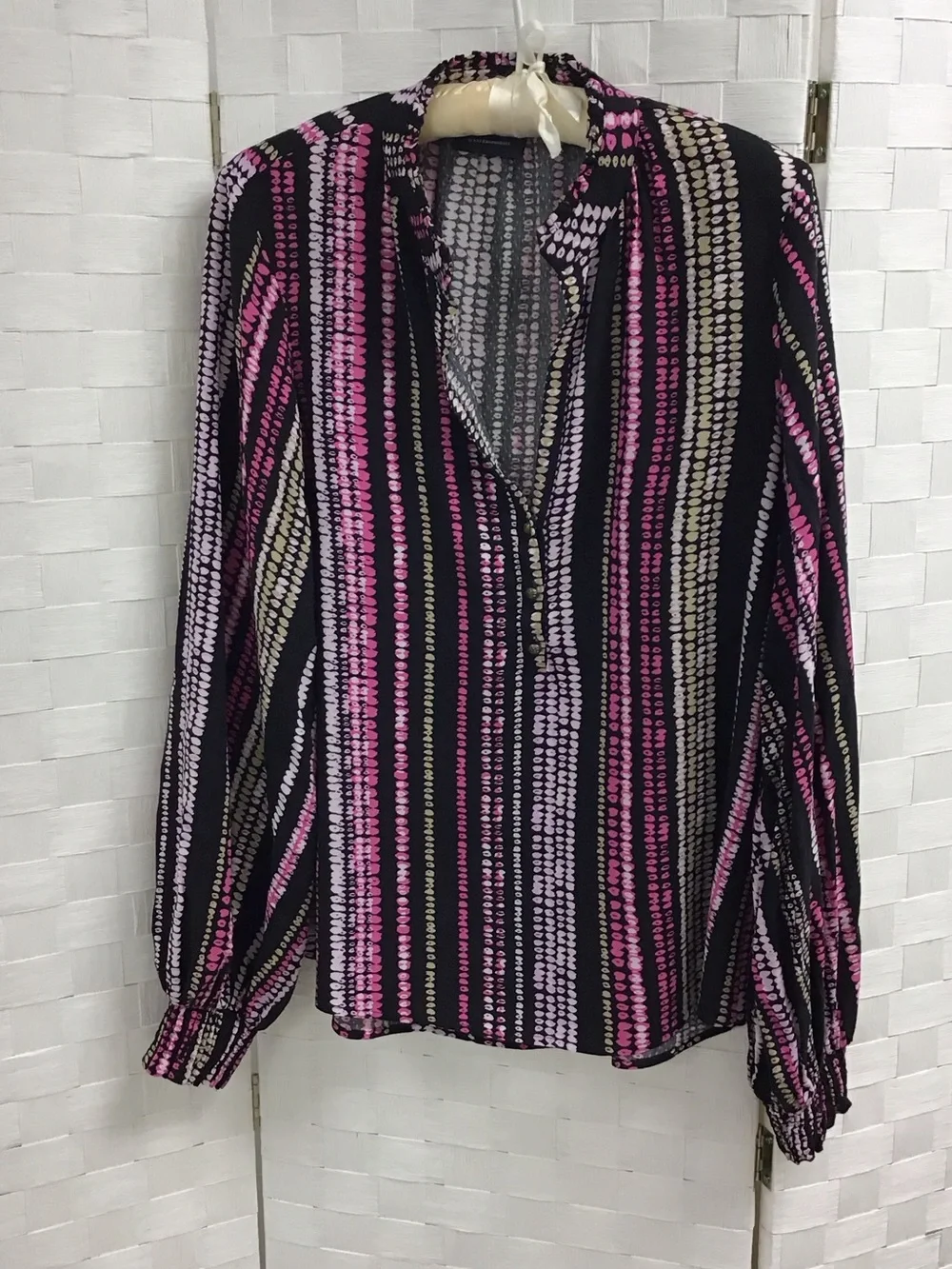 Maeve Black Blouse with Pink and Cream Vertical Dot Stripes - Picture 1 of 6
